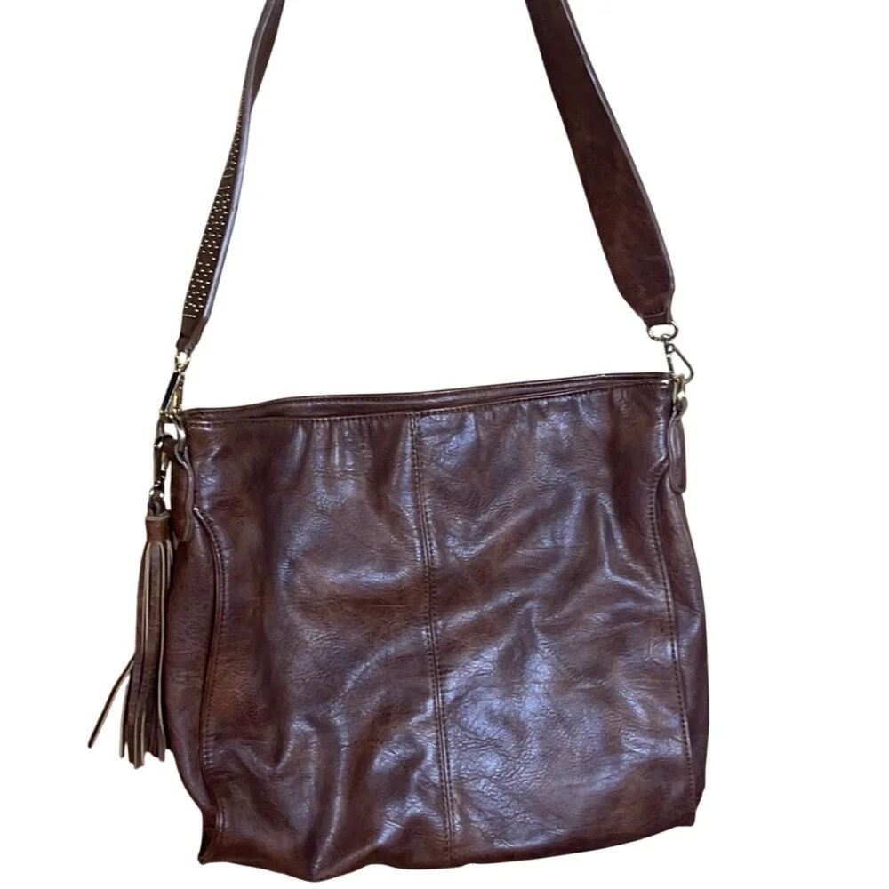 MMS Design Studio Brown Vegan Leather‎ Studded Strap Hobo Bag with Tassel